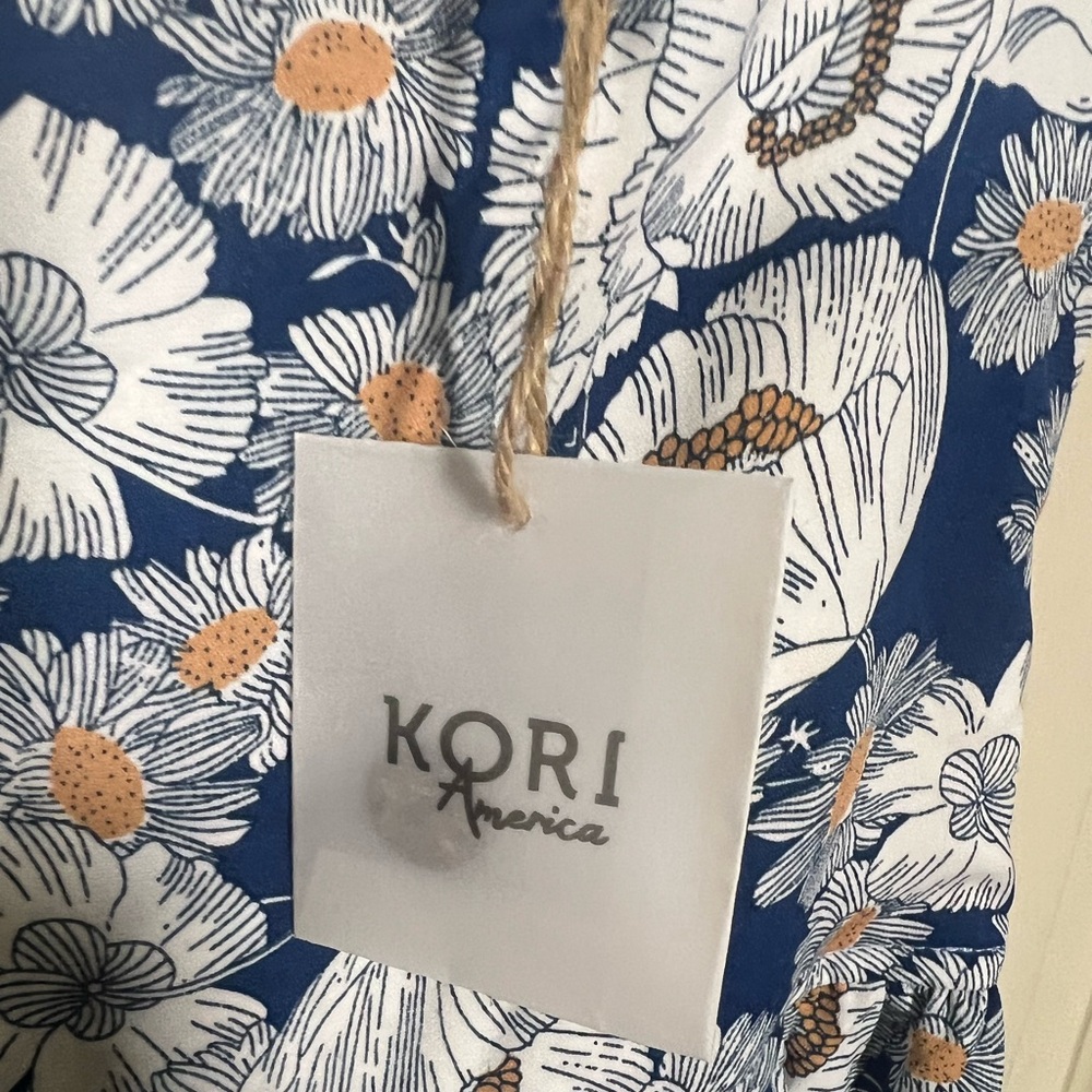 KORI NWT Blue Floral Wide Leg Jumpsuit Ruffle Strap Tie Front Boho medium - Picture 9 of 10